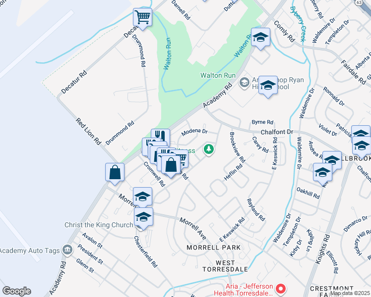 map of restaurants, bars, coffee shops, grocery stores, and more near 10815 Pedrick Road in Philadelphia