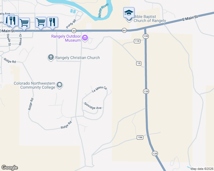 map of restaurants, bars, coffee shops, grocery stores, and more near 1371 La Mesa Circle in Rangely