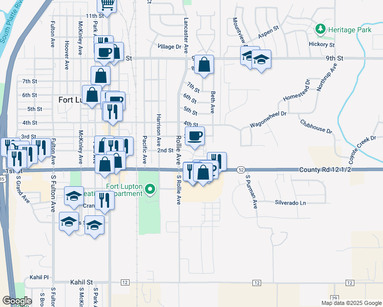 map of restaurants, bars, coffee shops, grocery stores, and more near 1365 2nd Street in Fort Lupton
