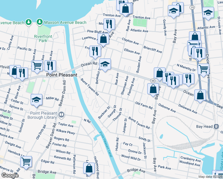 map of restaurants, bars, coffee shops, grocery stores, and more near 1234 William Street in Point Pleasant