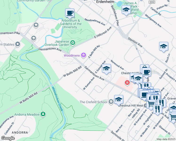 map of restaurants, bars, coffee shops, grocery stores, and more near 2 West Hampton Road in Philadelphia