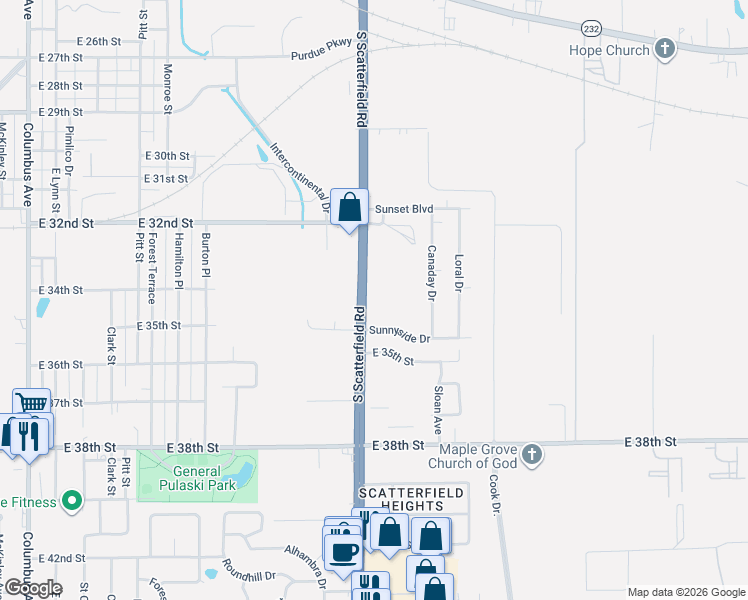 map of restaurants, bars, coffee shops, grocery stores, and more near 3328 South Scatterfield Road in Anderson