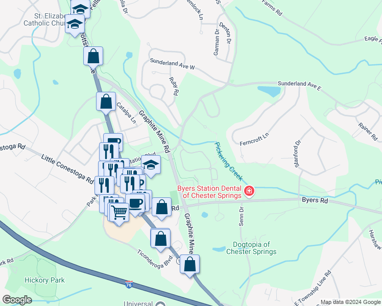 map of restaurants, bars, coffee shops, grocery stores, and more near 202 Flagstone Road in Chester Springs