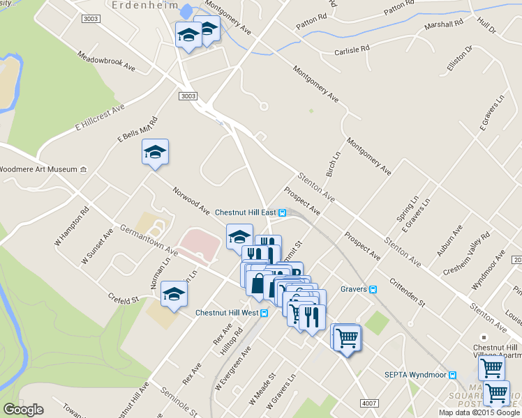 map of restaurants, bars, coffee shops, grocery stores, and more near 121 Bethlehem Pike in Philadelphia