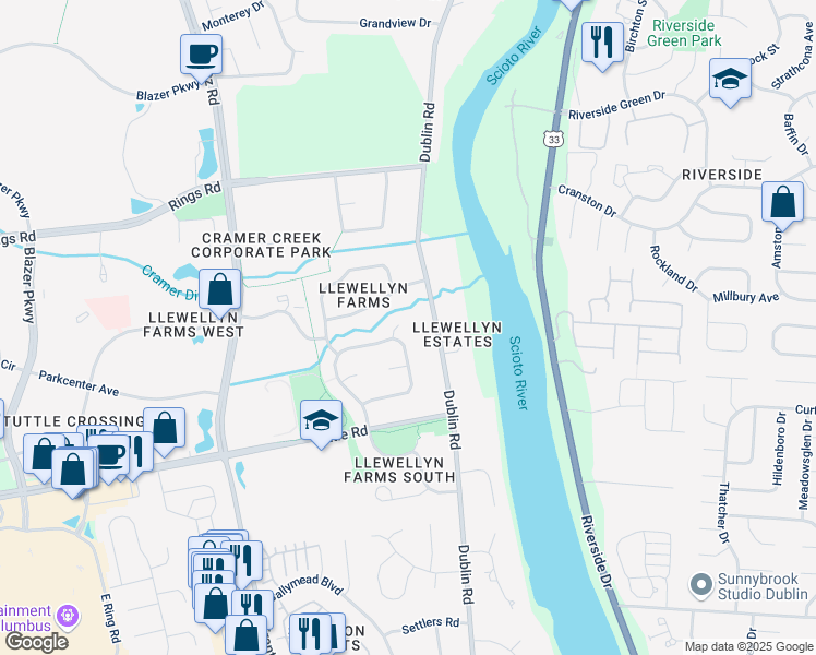 map of restaurants, bars, coffee shops, grocery stores, and more near 5617 Dublin Road in Dublin