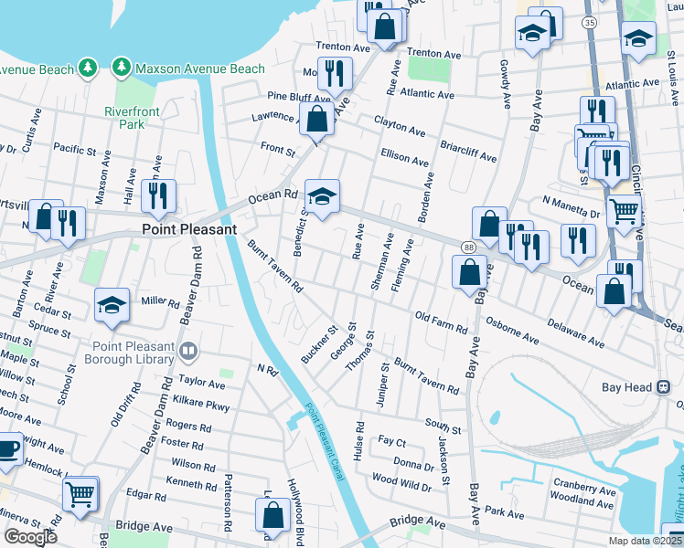 map of restaurants, bars, coffee shops, grocery stores, and more near 1234 William Street in Point Pleasant