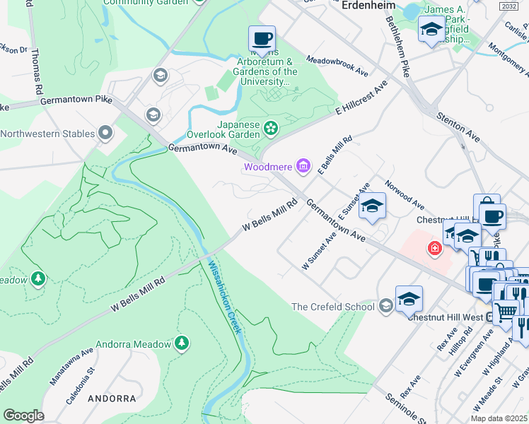 map of restaurants, bars, coffee shops, grocery stores, and more near 11 West Bells Mill Road in Philadelphia