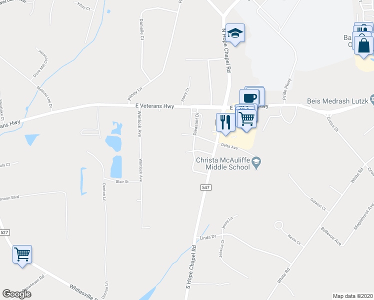 map of restaurants, bars, coffee shops, grocery stores, and more near 23A Driftwood Drive in Jackson Township