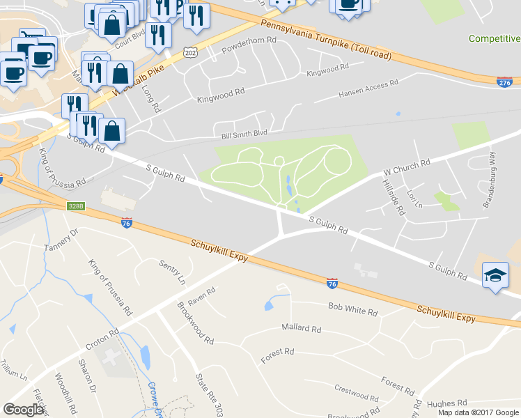map of restaurants, bars, coffee shops, grocery stores, and more near 263 South Gulph Road in King of Prussia