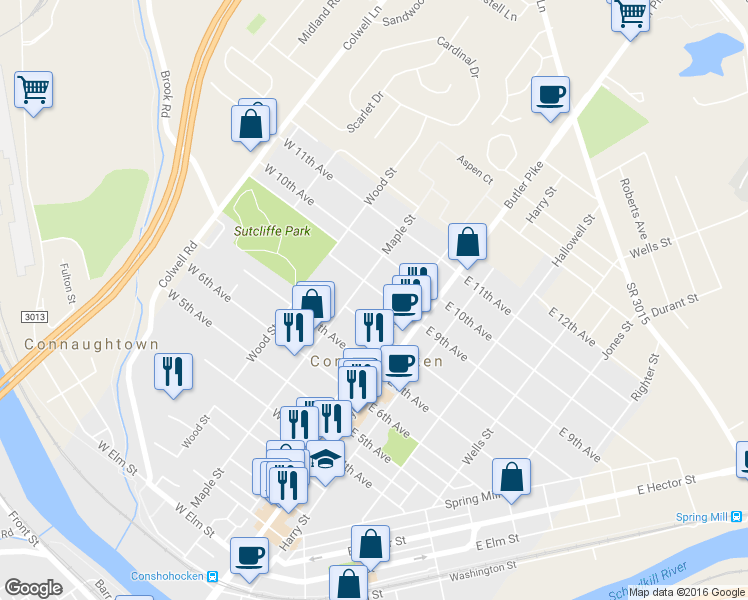 map of restaurants, bars, coffee shops, grocery stores, and more near 133 West 9th Avenue in Conshohocken
