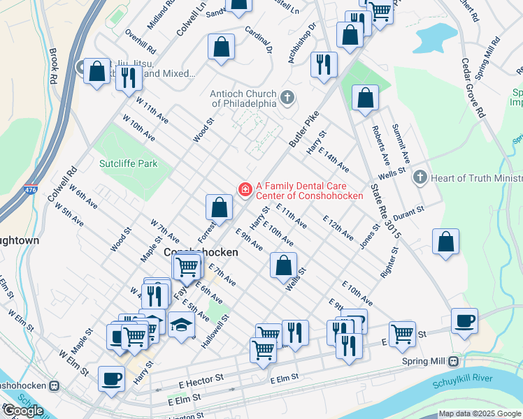 map of restaurants, bars, coffee shops, grocery stores, and more near 1010 Harry Street in Conshohocken