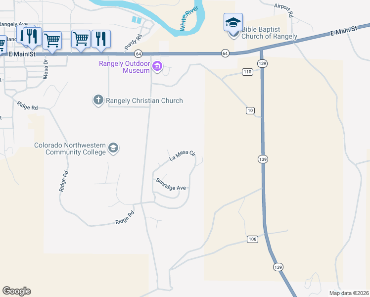 map of restaurants, bars, coffee shops, grocery stores, and more near 1371 La Mesa Circle in Rangely