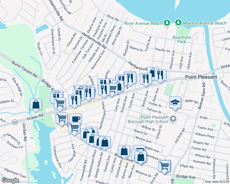 map of restaurants, bars, coffee shops, grocery stores, and more near 620 Hardenberg Avenue in Point Pleasant