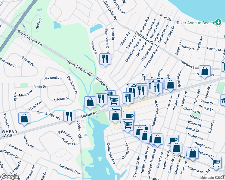 map of restaurants, bars, coffee shops, grocery stores, and more near 3401 Bridge Avenue in Point Pleasant