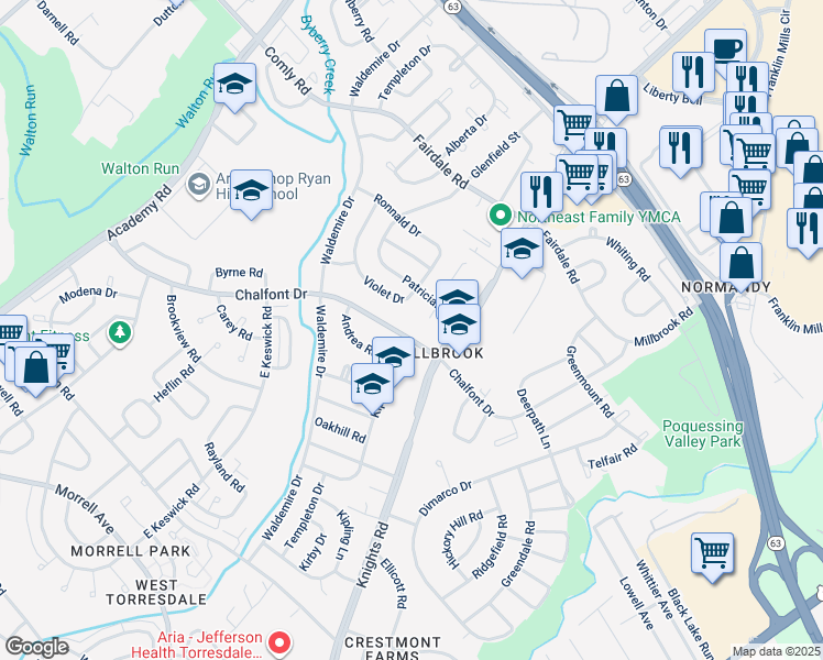 map of restaurants, bars, coffee shops, grocery stores, and more near 3829 Chalfont Drive in Philadelphia