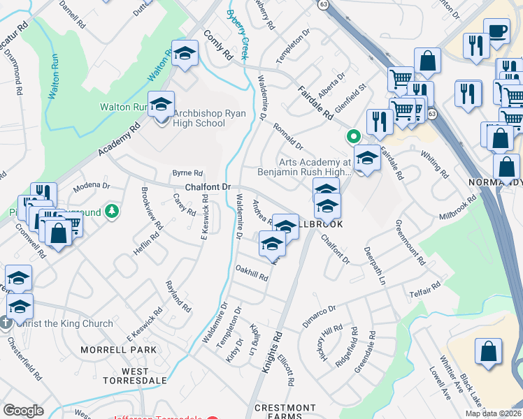 map of restaurants, bars, coffee shops, grocery stores, and more near 3803 Andrea Road in Philadelphia