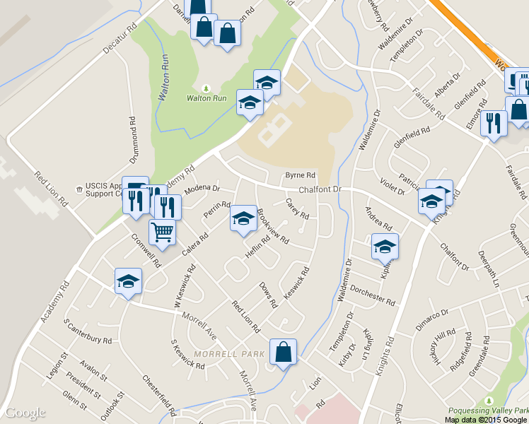 map of restaurants, bars, coffee shops, grocery stores, and more near 10901 Carey Terrace in Philadelphia