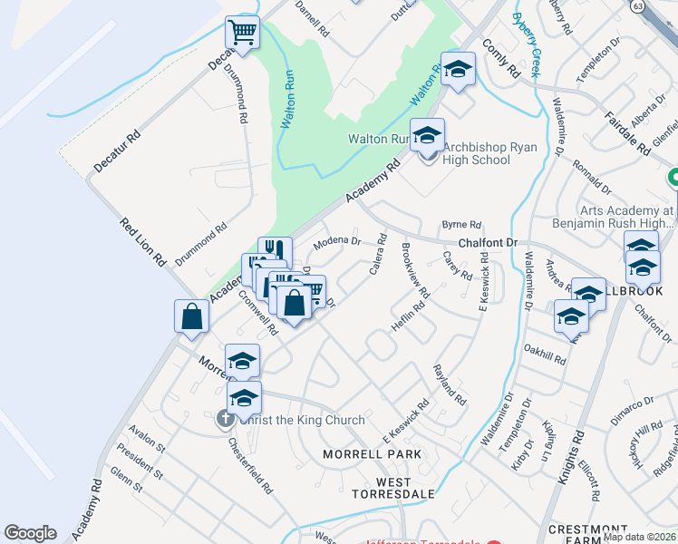 map of restaurants, bars, coffee shops, grocery stores, and more near 10835 Harrow Road in Philadelphia
