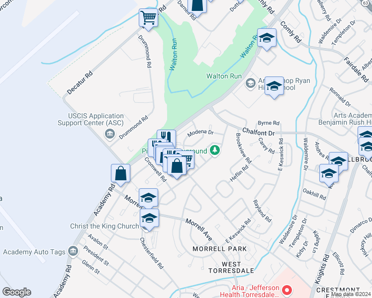 map of restaurants, bars, coffee shops, grocery stores, and more near 10802 Modena Terrace in Philadelphia