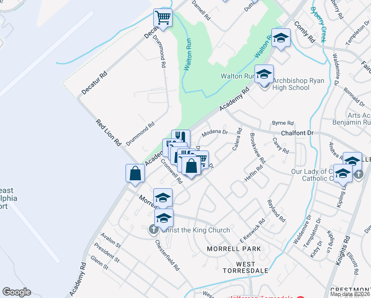 map of restaurants, bars, coffee shops, grocery stores, and more near 3205 Red Lion Road in Philadelphia
