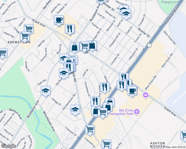 map of restaurants, bars, coffee shops, grocery stores, and more near 9368 Clark Street in Philadelphia