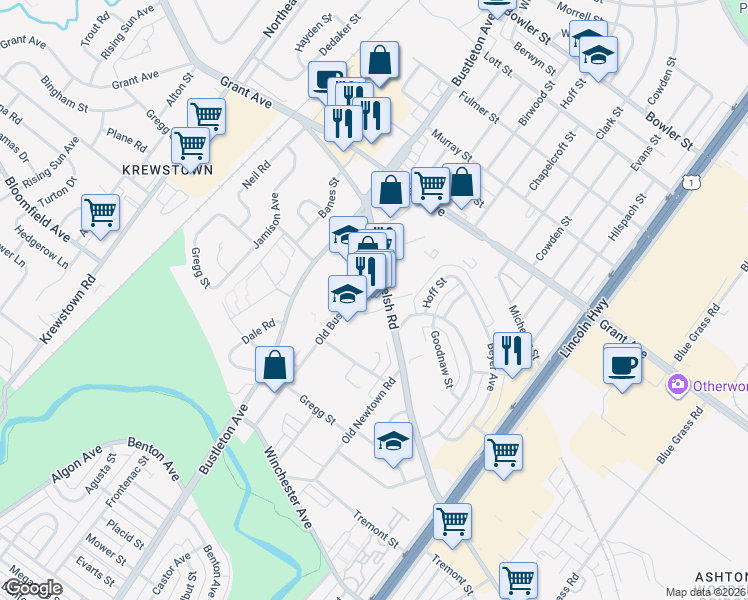 map of restaurants, bars, coffee shops, grocery stores, and more near 1916 Welsh Road in Philadelphia