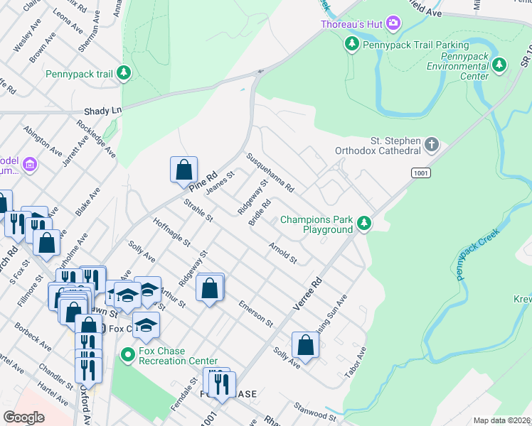 map of restaurants, bars, coffee shops, grocery stores, and more near 8511 Bridle Road in Philadelphia