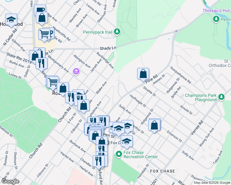 map of restaurants, bars, coffee shops, grocery stores, and more near 8222 Rockwell Avenue in Philadelphia