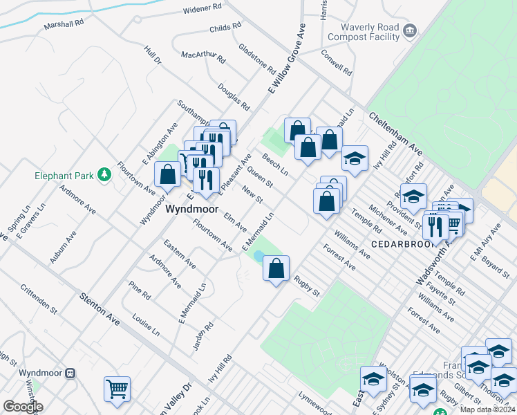 map of restaurants, bars, coffee shops, grocery stores, and more near 7707 New Street in Wyndmoor