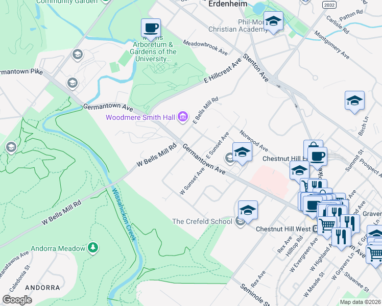 map of restaurants, bars, coffee shops, grocery stores, and more near 15 East Hampton Road in Philadelphia