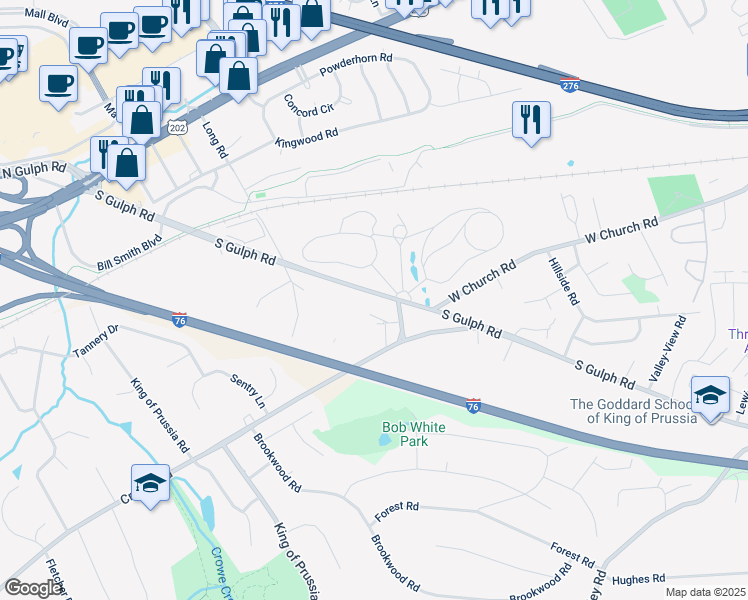 map of restaurants, bars, coffee shops, grocery stores, and more near 263 South Gulph Road in King of Prussia