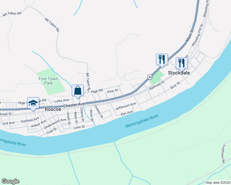 map of restaurants, bars, coffee shops, grocery stores, and more near 7 Maple Street in Allenport