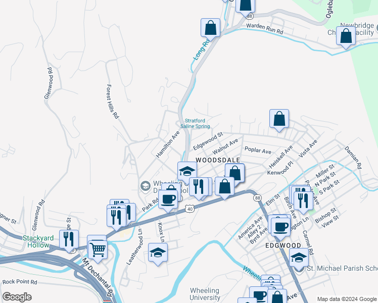 map of restaurants, bars, coffee shops, grocery stores, and more near 25 Park Road in Wheeling