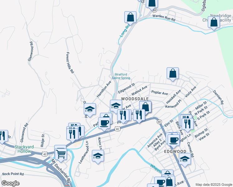 map of restaurants, bars, coffee shops, grocery stores, and more near 25 Park Road in Wheeling