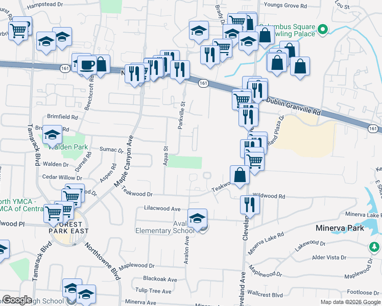 map of restaurants, bars, coffee shops, grocery stores, and more near 5504 Parkshire Drive in Columbus