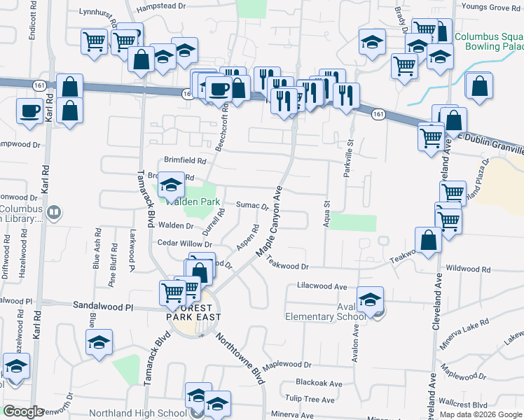 map of restaurants, bars, coffee shops, grocery stores, and more near 5523 Maple Canyon Avenue in Columbus