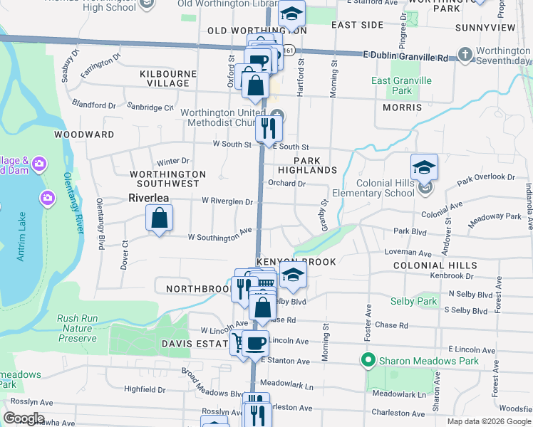 map of restaurants, bars, coffee shops, grocery stores, and more near 27 East Riverglen Drive in Worthington