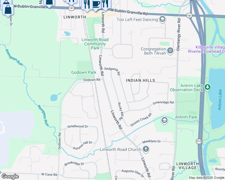 map of restaurants, bars, coffee shops, grocery stores, and more near 5996 Rocky Rill Road in Columbus