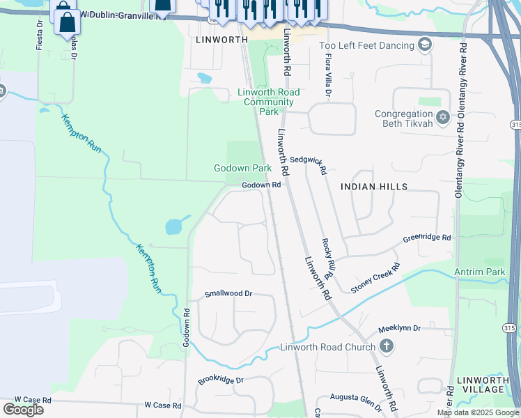 map of restaurants, bars, coffee shops, grocery stores, and more near 6029 Shadow Lake Circle in Columbus