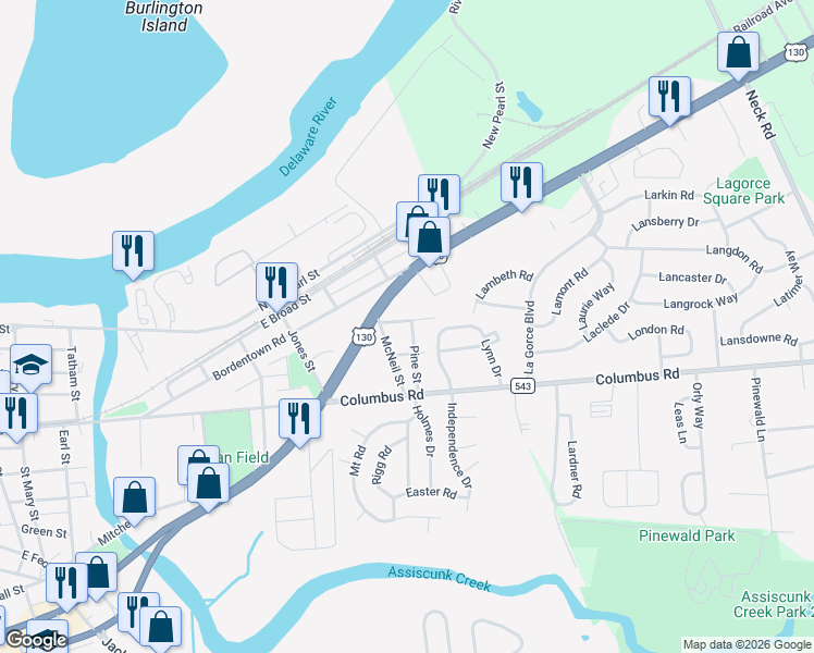 map of restaurants, bars, coffee shops, grocery stores, and more near 206 Pine Street in Burlington