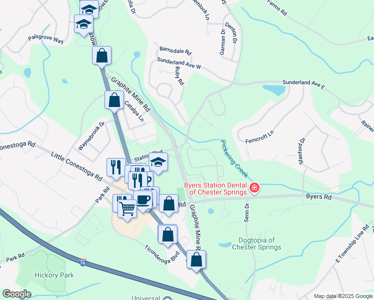 map of restaurants, bars, coffee shops, grocery stores, and more near 12 Granite Lane in Chester Springs