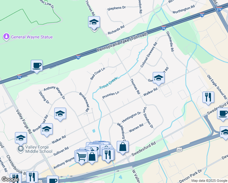 map of restaurants, bars, coffee shops, grocery stores, and more near 412 Prussian Lane in Wayne