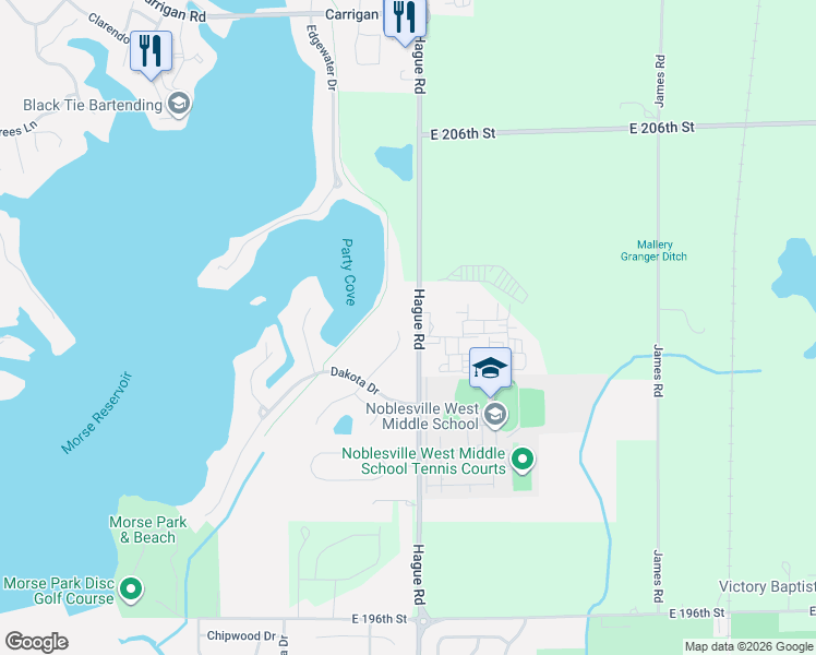 map of restaurants, bars, coffee shops, grocery stores, and more near 20216 Marie Court in Noblesville