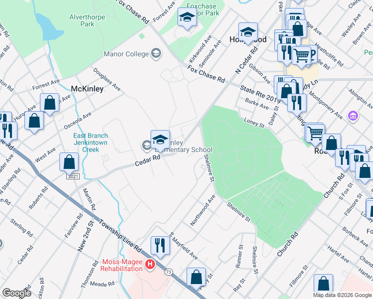 map of restaurants, bars, coffee shops, grocery stores, and more near 418 Cedarwood Lane in Elkins Park
