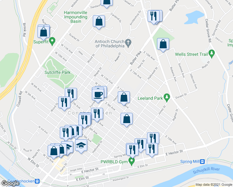 map of restaurants, bars, coffee shops, grocery stores, and more near 1010 Harry Street in Conshohocken