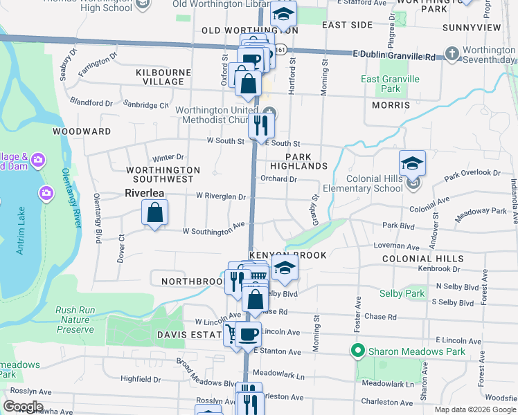 map of restaurants, bars, coffee shops, grocery stores, and more near 27 East Riverglen Drive in Worthington