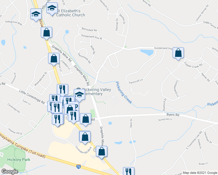 map of restaurants, bars, coffee shops, grocery stores, and more near 239 Flagstone Road in Chester Springs