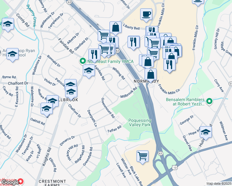 map of restaurants, bars, coffee shops, grocery stores, and more near 4247 Fairdale Road in Philadelphia