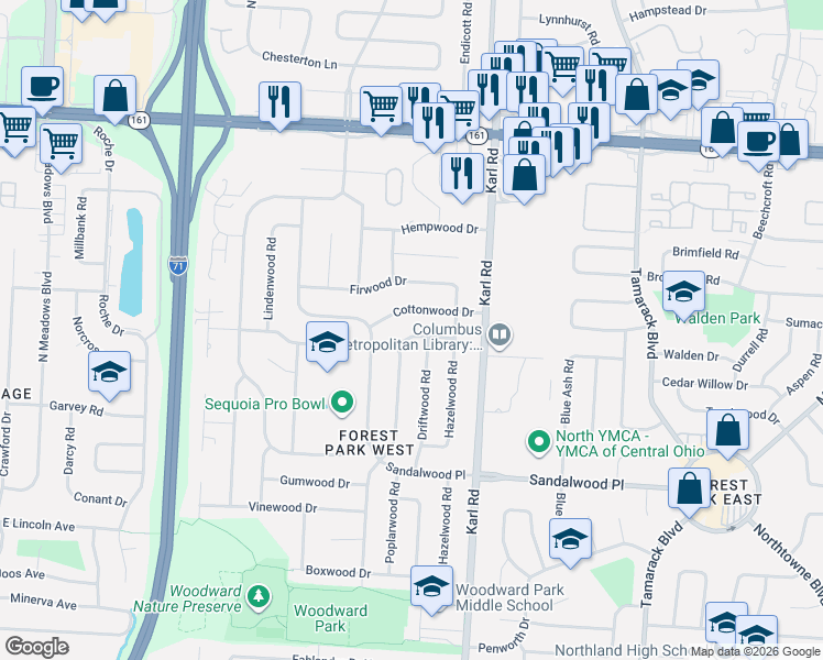 map of restaurants, bars, coffee shops, grocery stores, and more near 1452 Ironwood Drive in Columbus