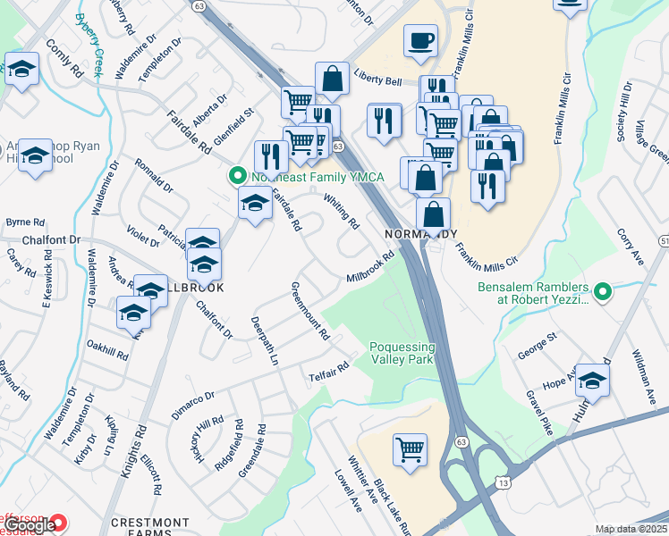 map of restaurants, bars, coffee shops, grocery stores, and more near 4247 Fairdale Road in Philadelphia